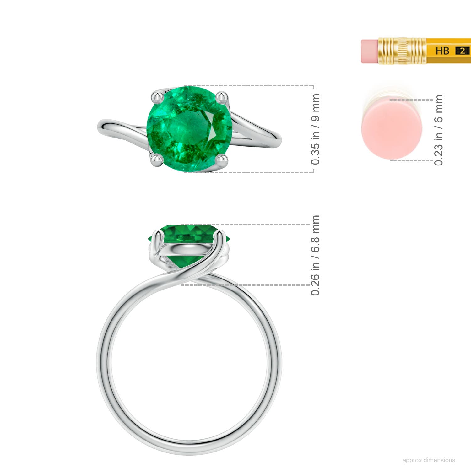 9mm AAA Entwined Vine Round Emerald Solitaire Engagement Ring in White Gold - ruler