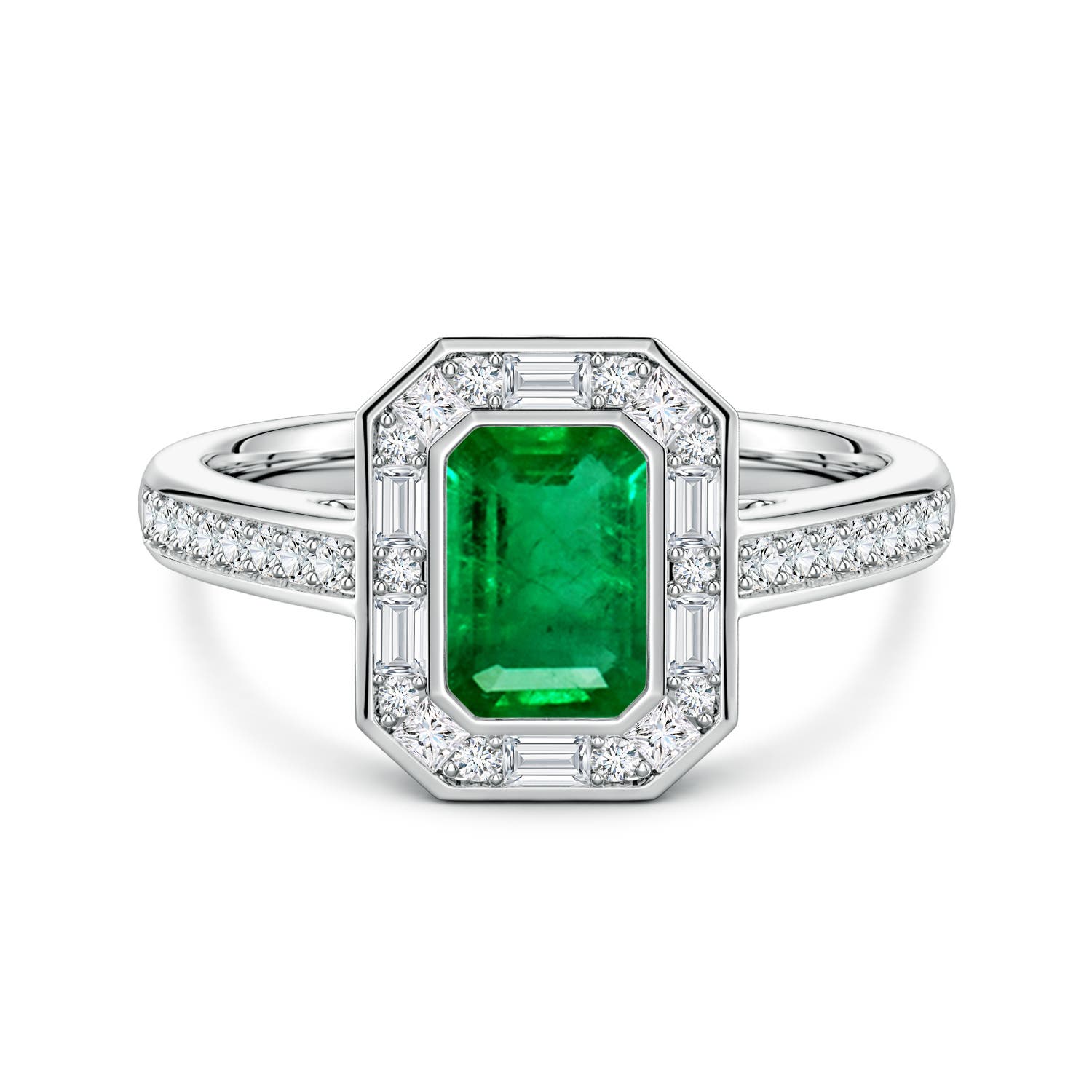 7x5mm AAA Art Deco Style Emerald-Cut Emerald Multi-Shape Halo Engagement Ring in 18CT White Gold