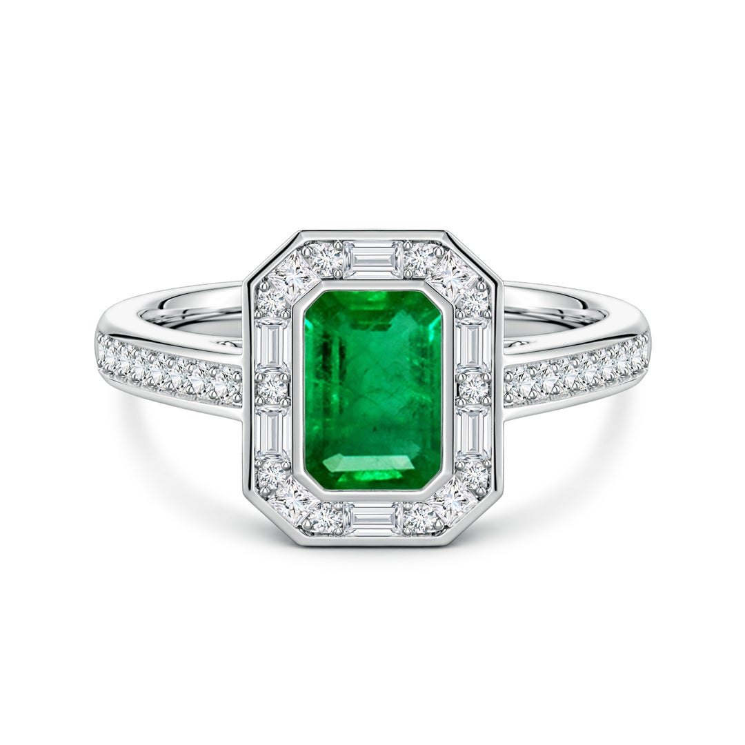 7x5mm AAA Art Deco Style Emerald-Cut Emerald Multi-Shape Halo Engagement Ring in White Gold