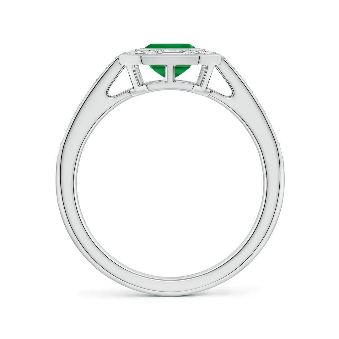 7x5mm AAA Art Deco Style Emerald-Cut Emerald Multi-Shape Halo Engagement Ring in White Gold - side 2
