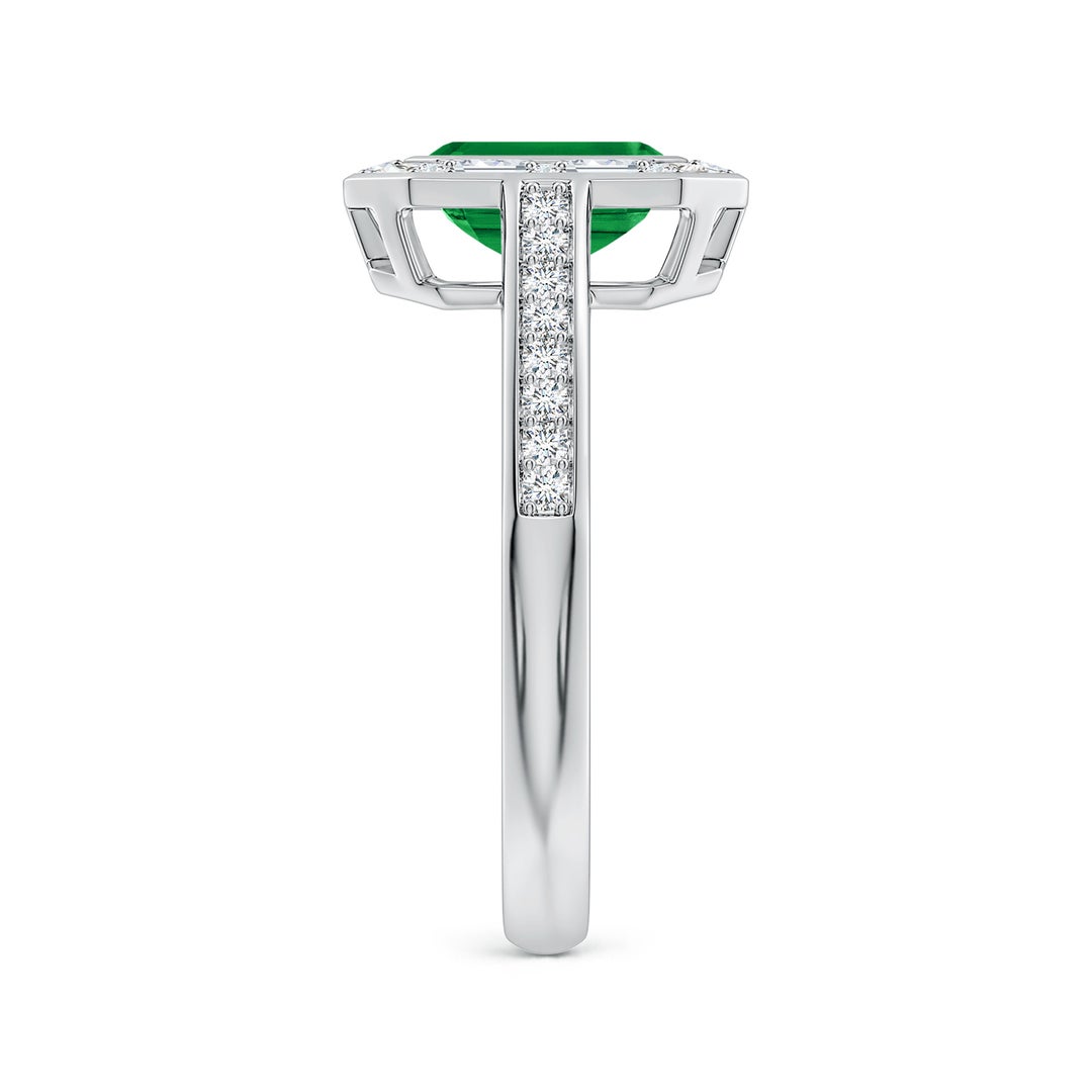 7x5mm AAA Art Deco Style Emerald-Cut Emerald Multi-Shape Halo Engagement Ring in White Gold - side 3