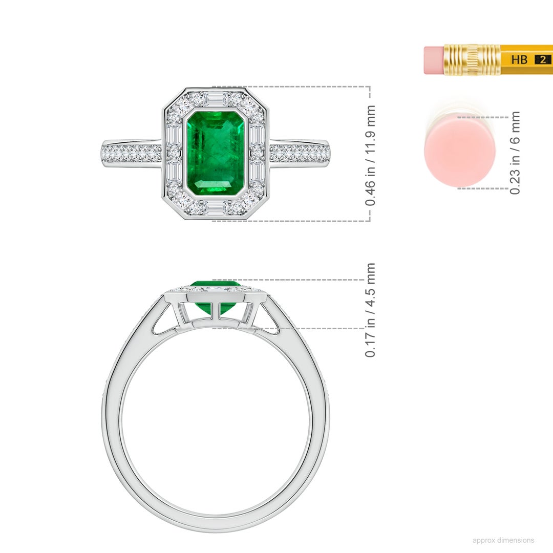7x5mm AAA Art Deco Style Emerald-Cut Emerald Multi-Shape Halo Engagement Ring in White Gold - ruler