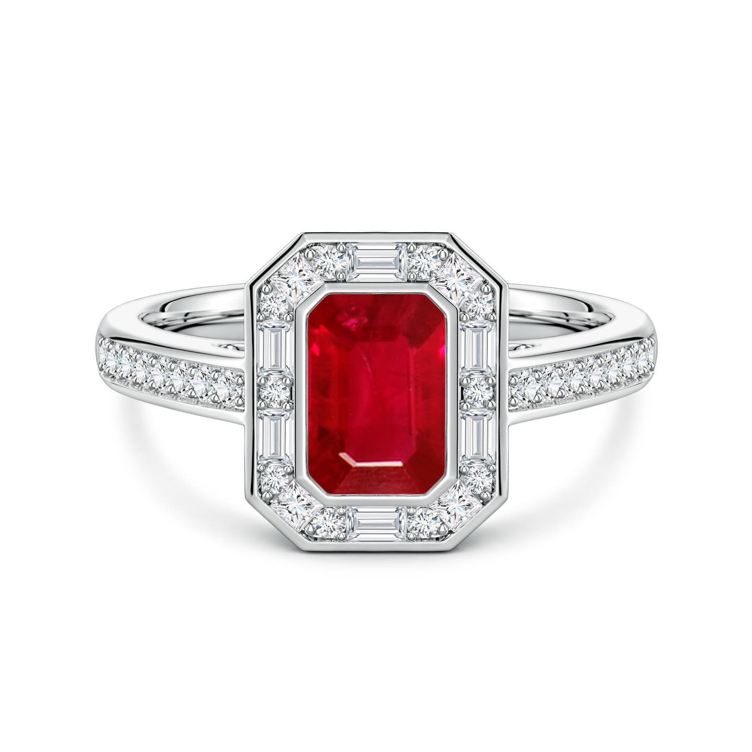 7x5mm AAA Art Deco Style Emerald-Cut Ruby Multi-Shape Halo Engagement Ring in 18K White Gold