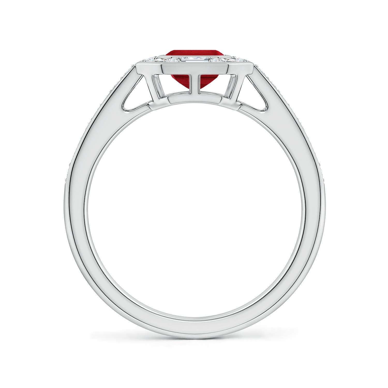 7x5mm AAA Art Deco Style Emerald-Cut Ruby Multi-Shape Halo Engagement Ring in 18K White Gold