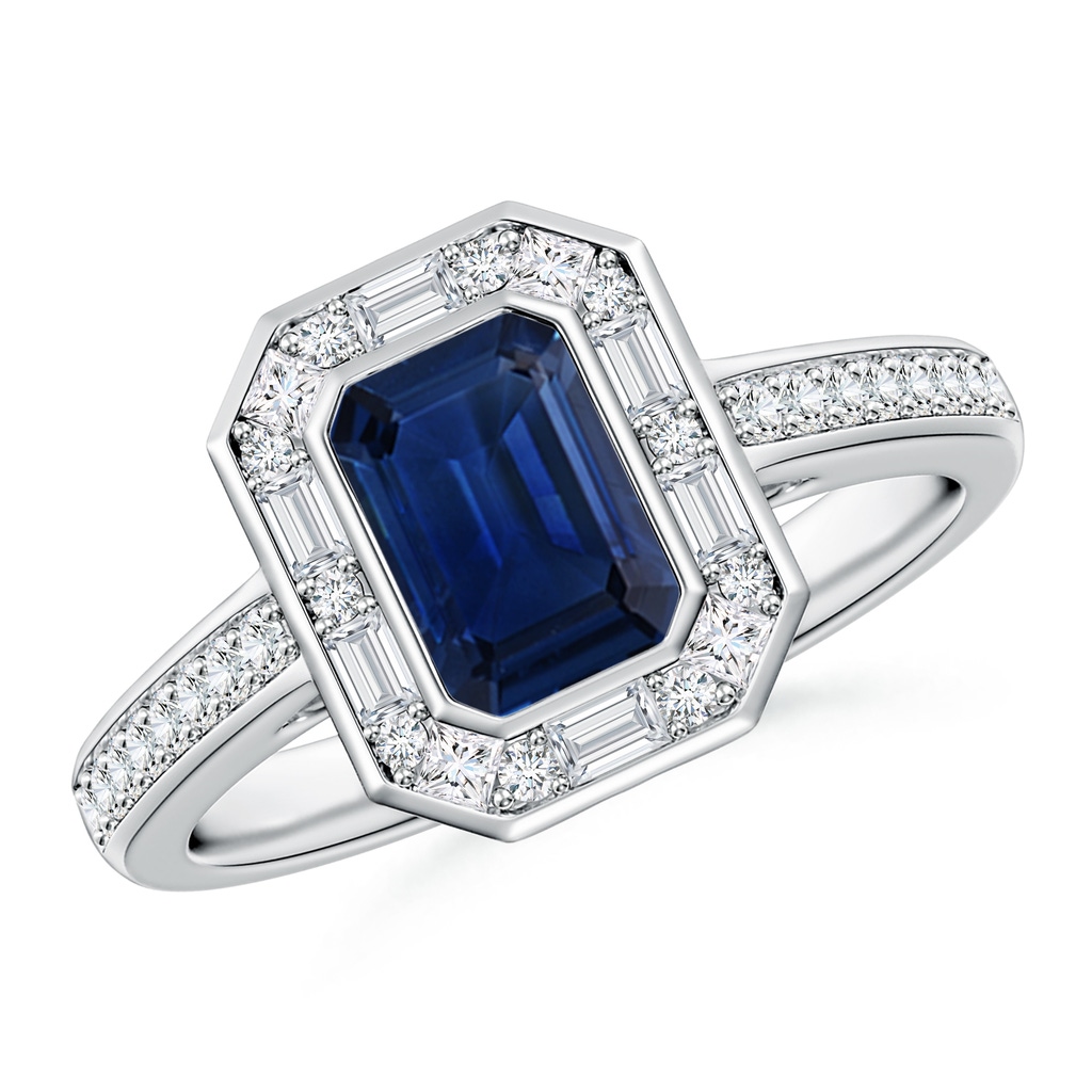 7x5mm AAA Art Deco Style Emerald-Cut Blue Sapphire Multi-Shape Halo Engagement Ring in White Gold