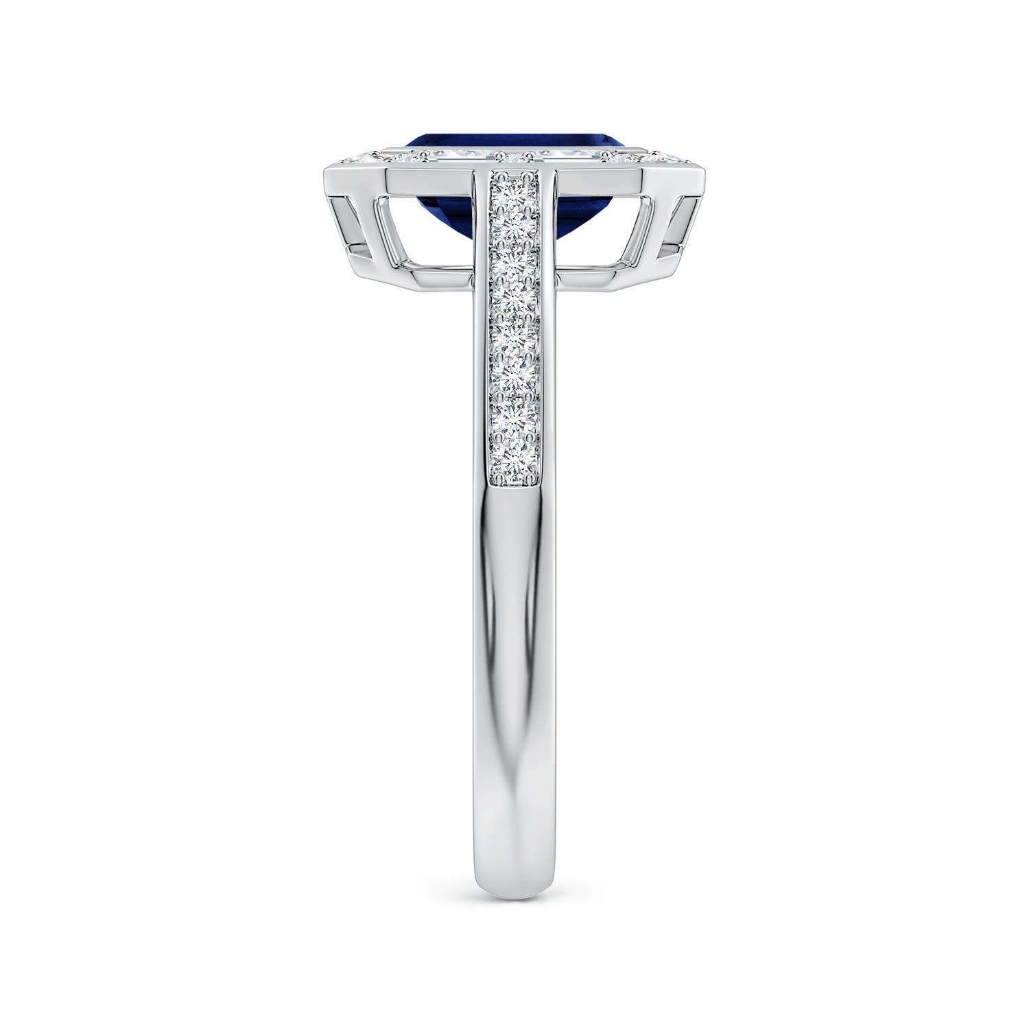 7x5mm AAA Art Deco Style Emerald-Cut Blue Sapphire Multi-Shape Halo Engagement Ring in White Gold - side 3