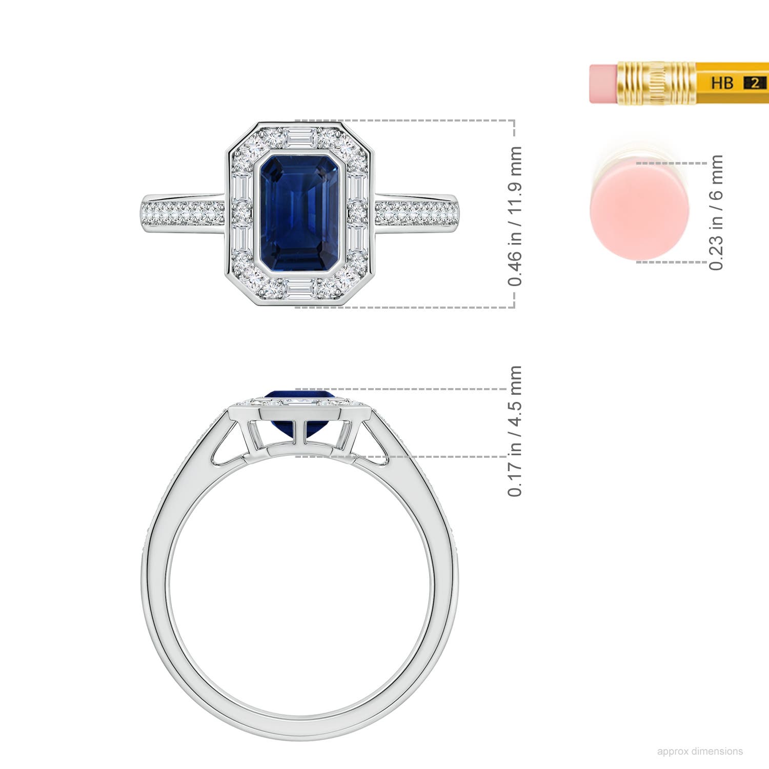 7x5mm AAA Art Deco Style Emerald-Cut Blue Sapphire Multi-Shape Halo Engagement Ring in White Gold - ruler