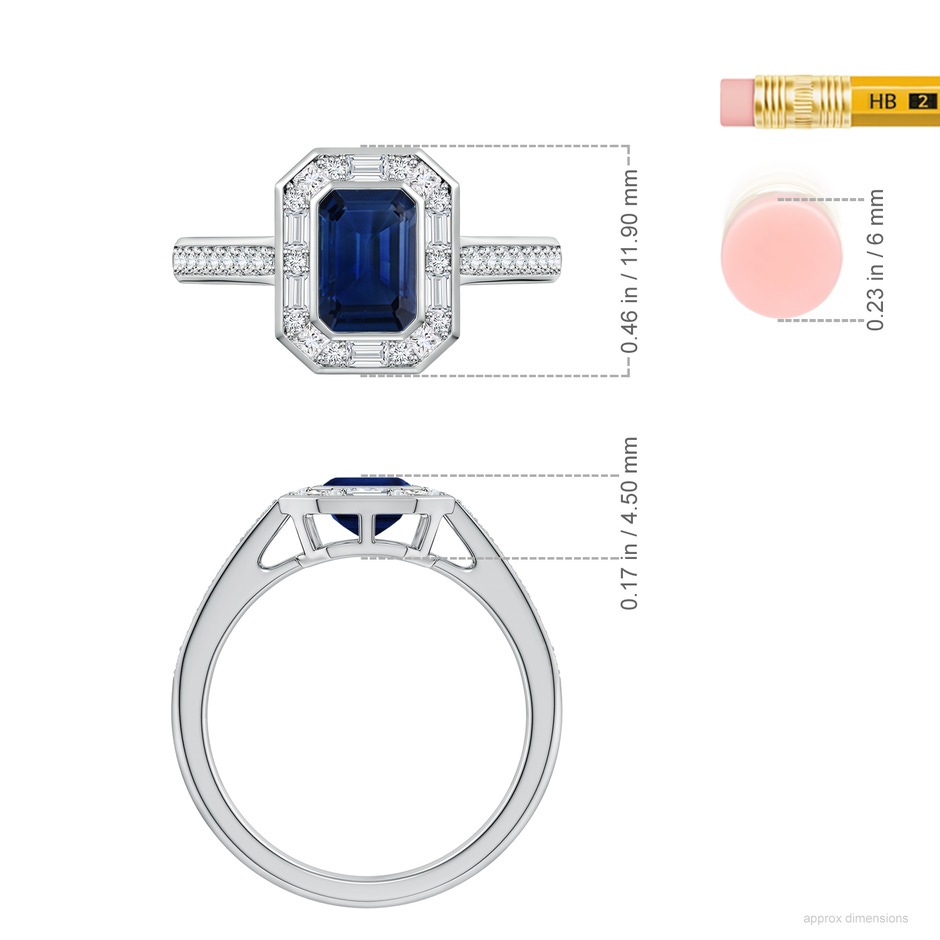 7x5mm AAA Art Deco Style Emerald-Cut Blue Sapphire Multi-Shape Halo Engagement Ring in White Gold ruler