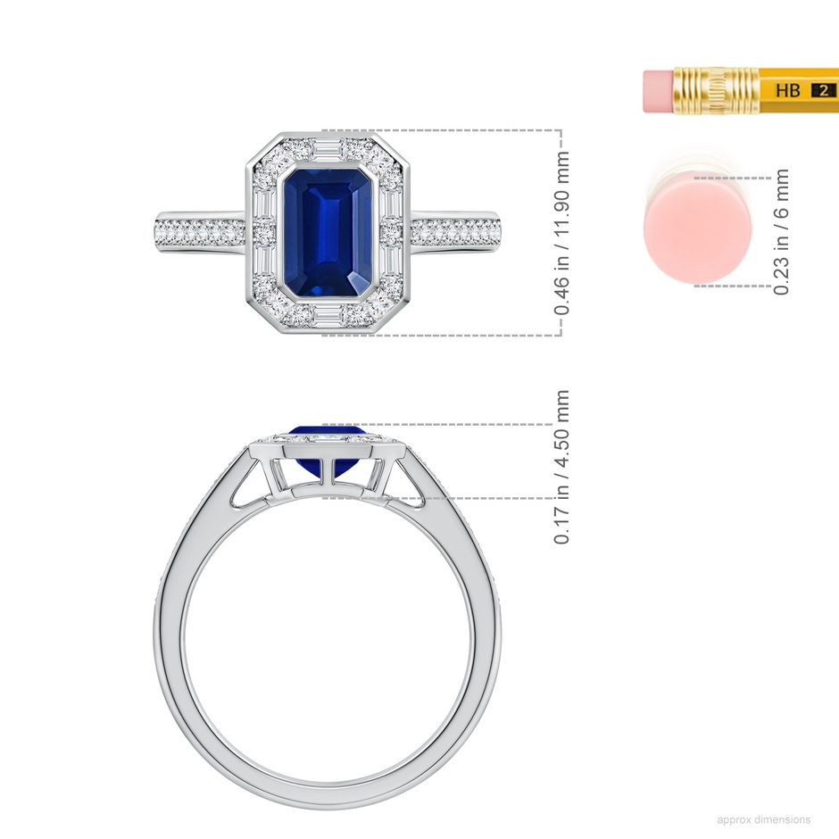 7x5mm AAAA Art Deco Style Emerald-Cut Blue Sapphire Multi-Shape Halo Engagement Ring in P950 Platinum ruler