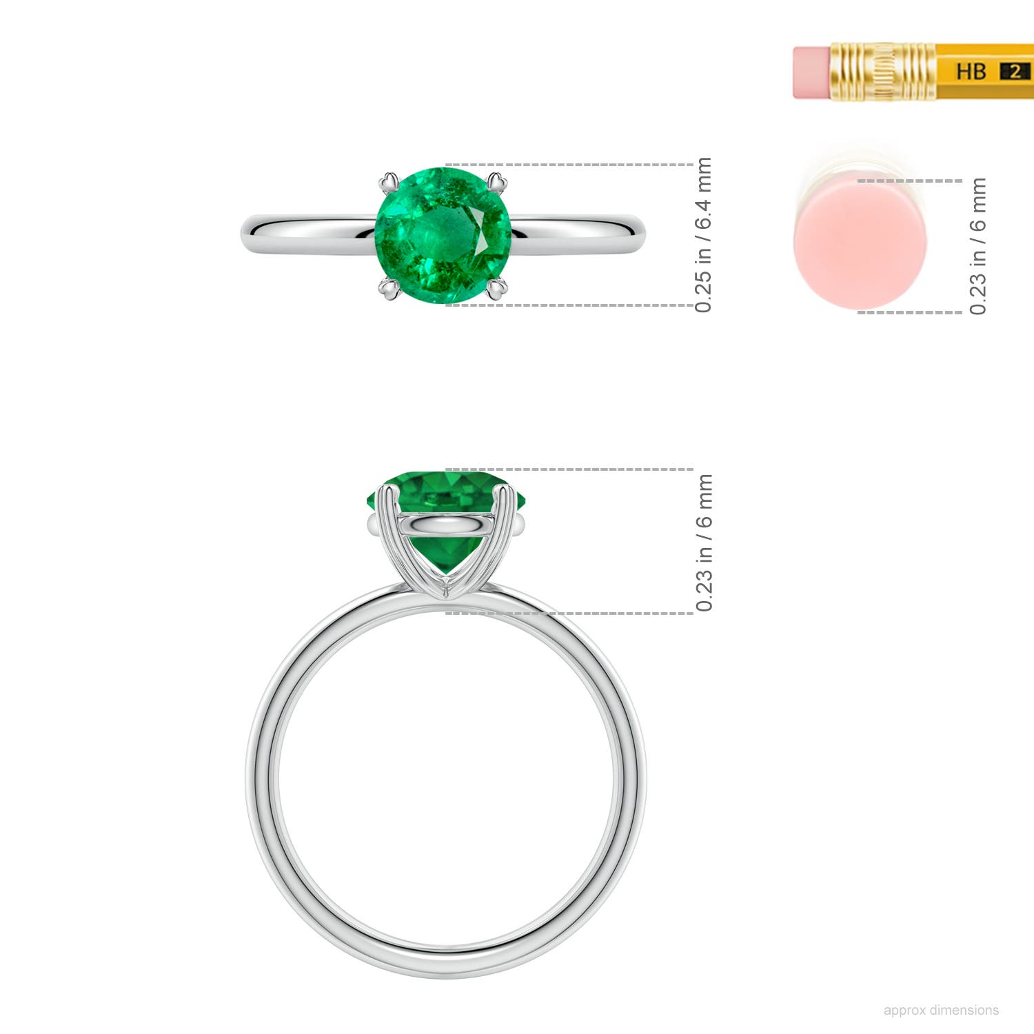 6.5mm AAA Round Emerald Solitaire Engagement Ring with Heart-Shaped Prongs in White Gold - ruler