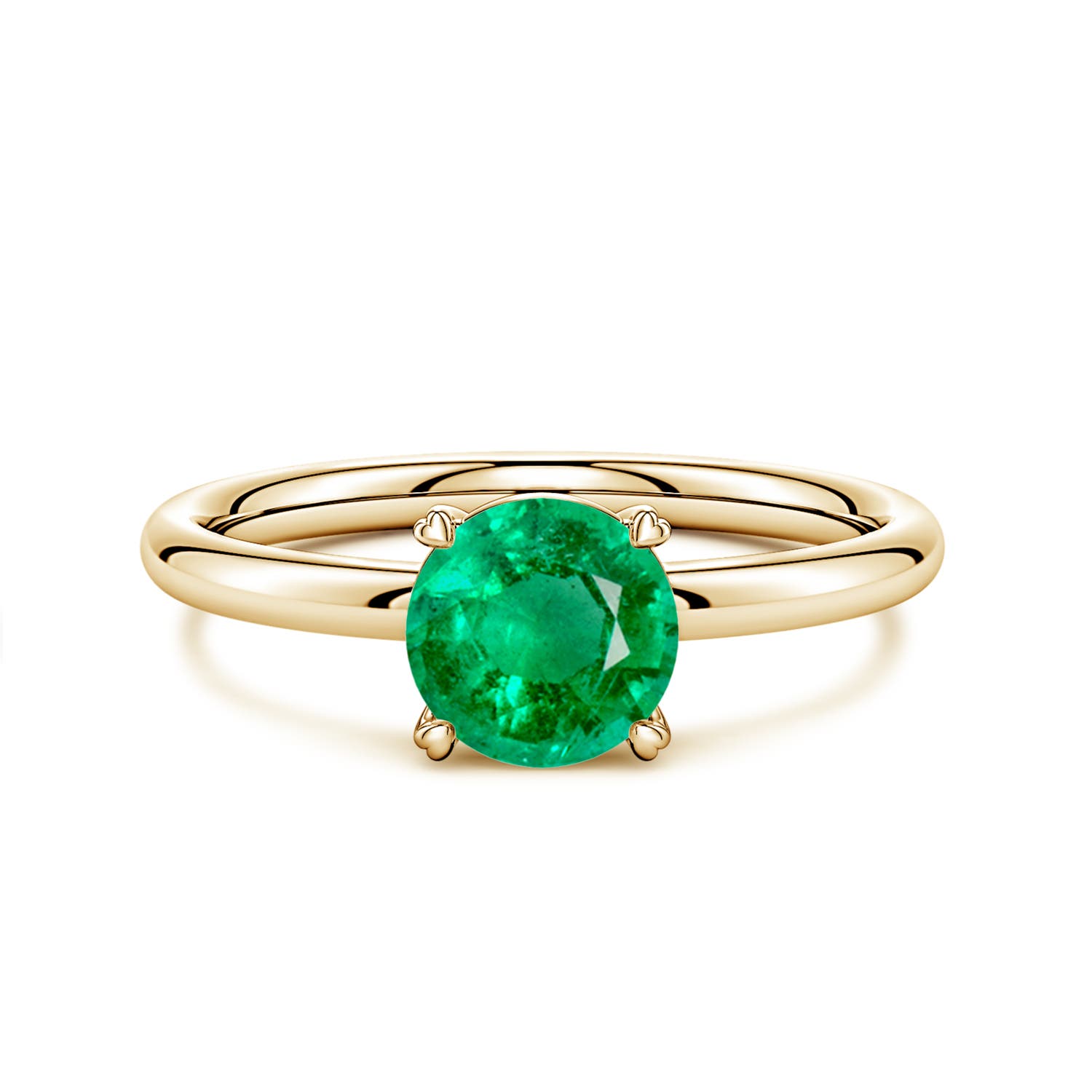 6.5mm AAA Round Emerald Solitaire Engagement Ring with Heart-Shaped Prongs in Yellow Gold