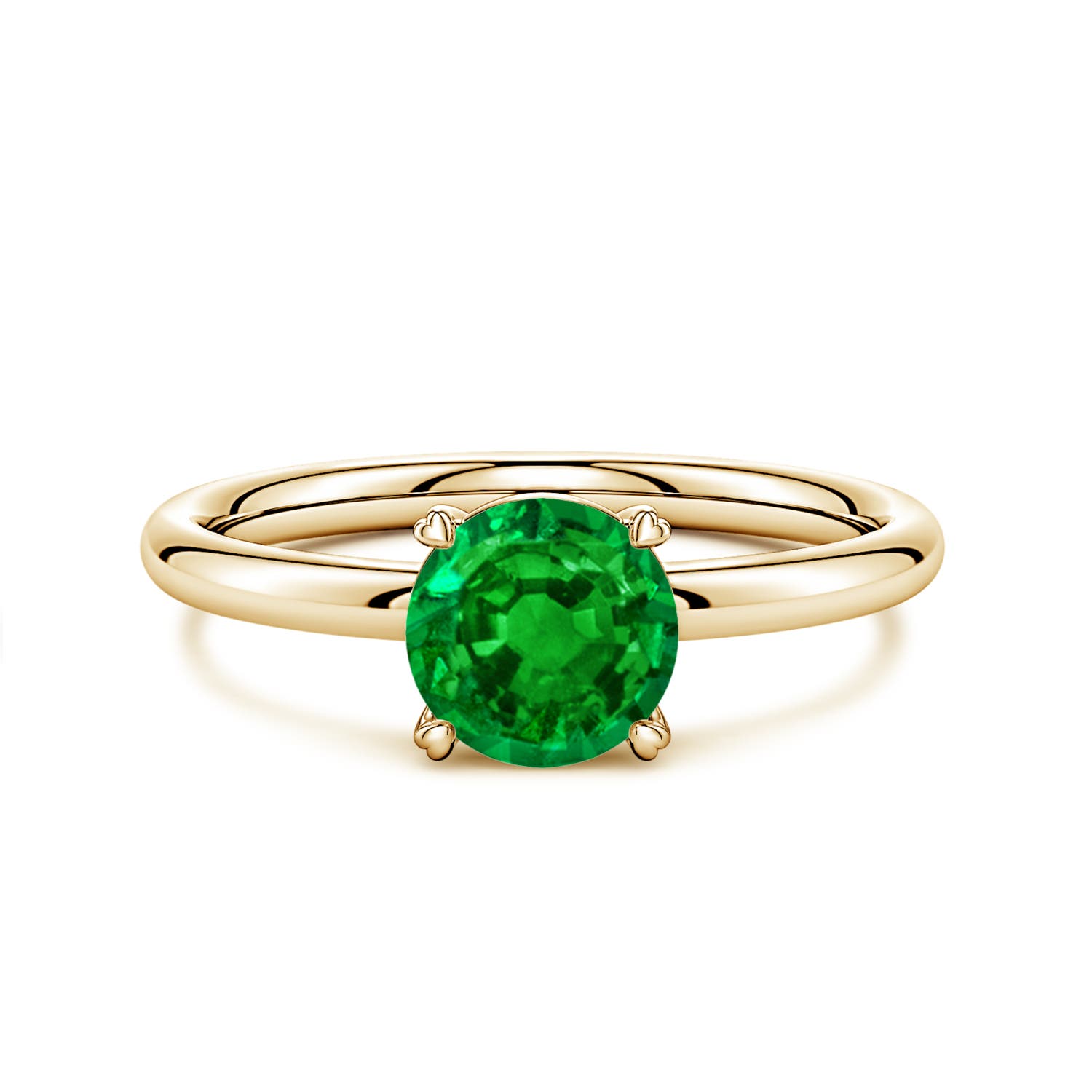 6.5mm AAAA Round Emerald Solitaire Engagement Ring with Heart-Shaped Prongs in Yellow Gold