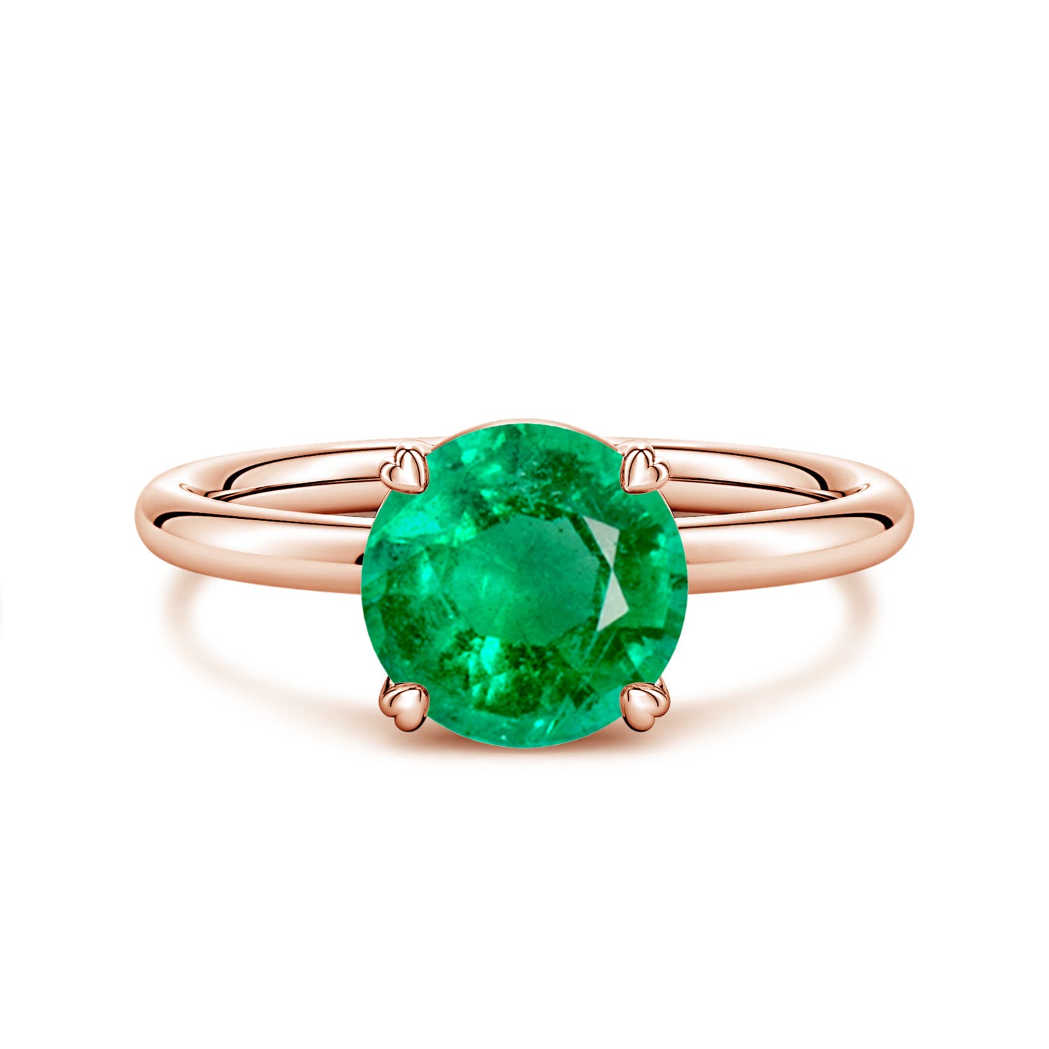 8mm AAA Round Emerald Solitaire Engagement Ring with Heart-Shaped Prongs in Rose Gold