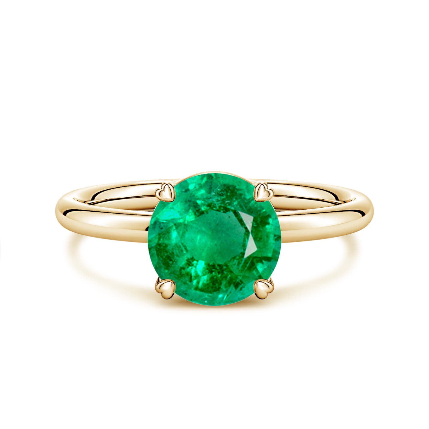 8mm AAA Round Emerald Solitaire Engagement Ring with Heart-Shaped Prongs in Yellow Gold