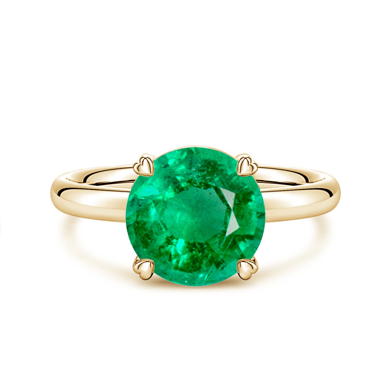 9mm AAA Round Emerald Solitaire Engagement Ring with Heart-Shaped Prongs in Yellow Gold