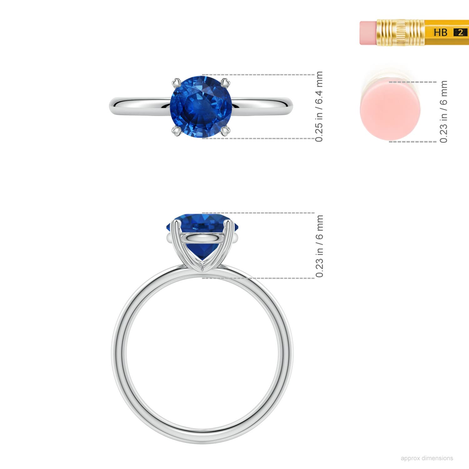 6.5mm AAA Round Blue Sapphire Solitaire Engagement Ring with Heart-Shaped Prongs in White Gold - ruler