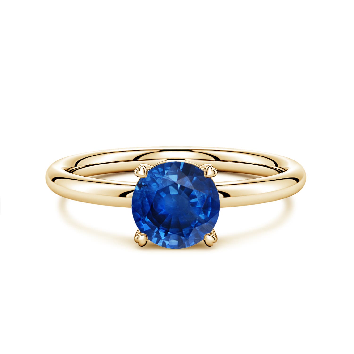 6.5mm AAA Round Blue Sapphire Solitaire Engagement Ring with Heart-Shaped Prongs in Yellow Gold