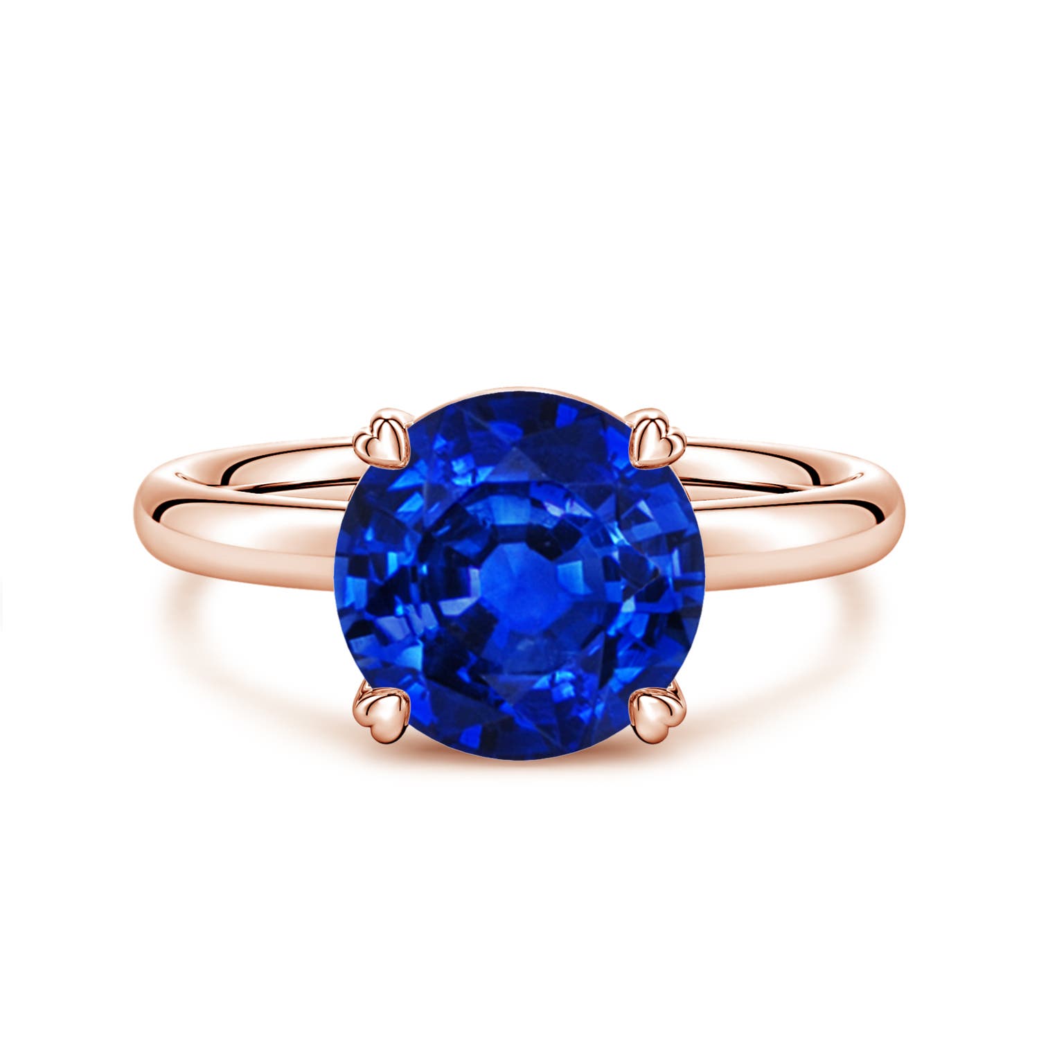 9mm AAAA Round Blue Sapphire Solitaire Engagement Ring with Heart-Shaped Prongs in 18K Rose Gold