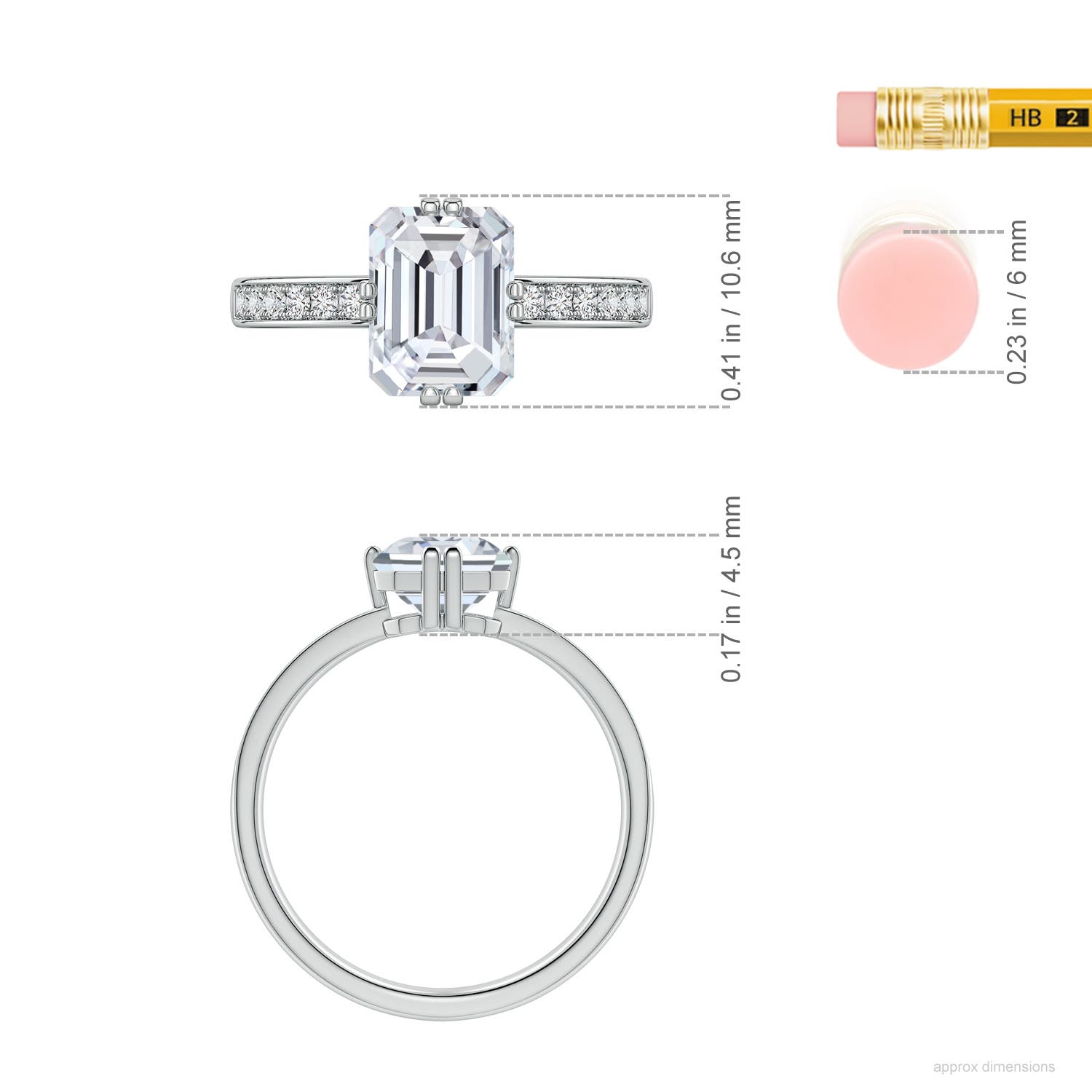 8.5x6.5mm HSI2 Emerald-Cut Diamond Engagement Ring with Double Flat Prongs in White Gold - ruler