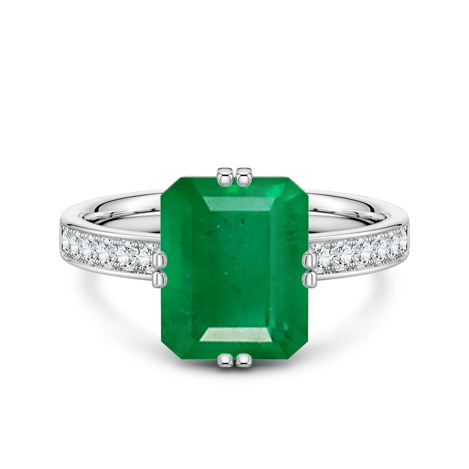 10x8mm AA Emerald-Cut Emerald Engagement Ring with Double Flat Prongs in White Gold
