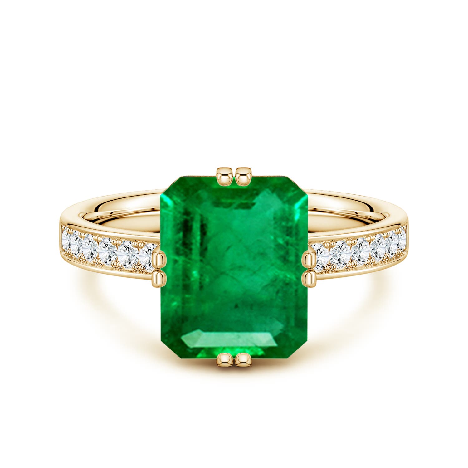 10x8mm AAA Emerald-Cut Emerald Engagement Ring with Double Flat Prongs in Yellow Gold