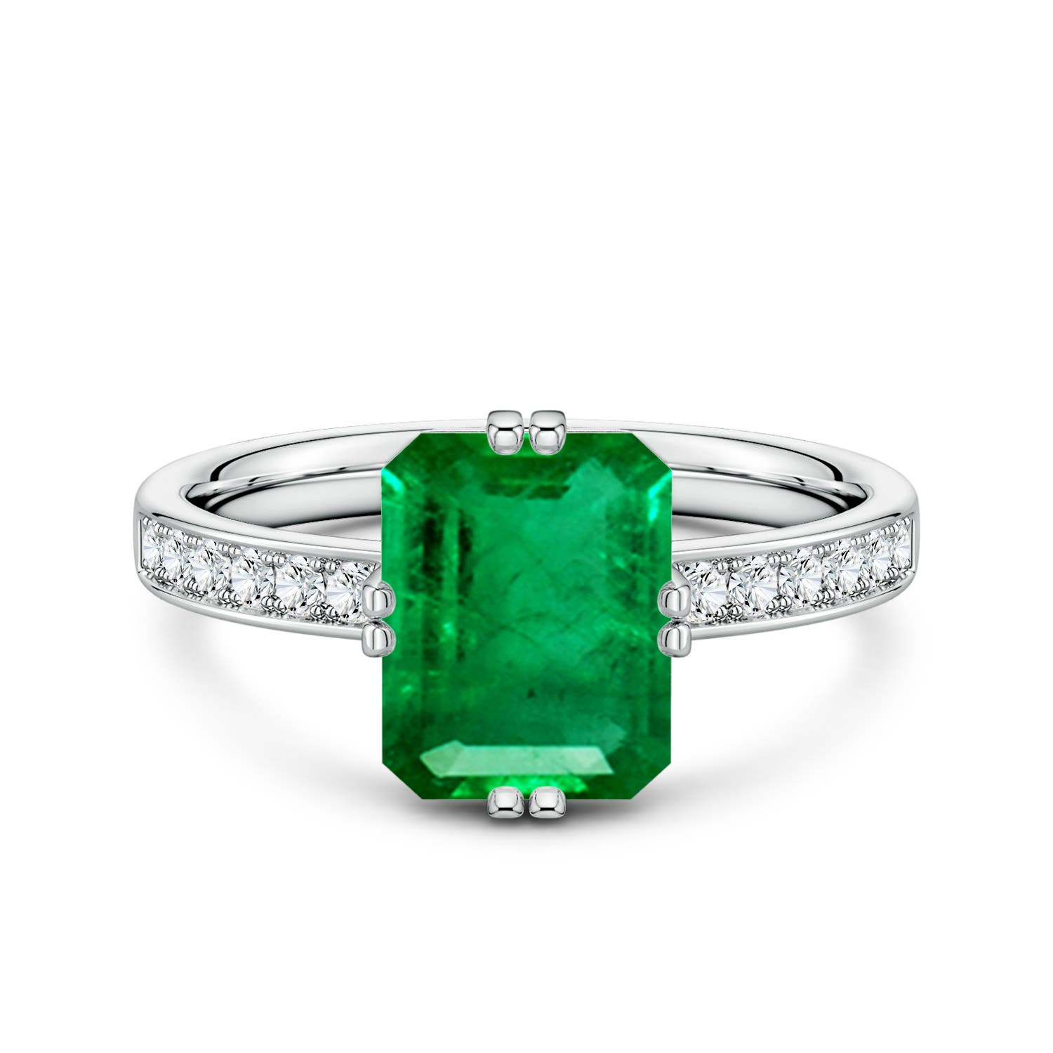 9x7mm AAA Emerald-Cut Emerald Engagement Ring with Double Flat Prongs in White Gold