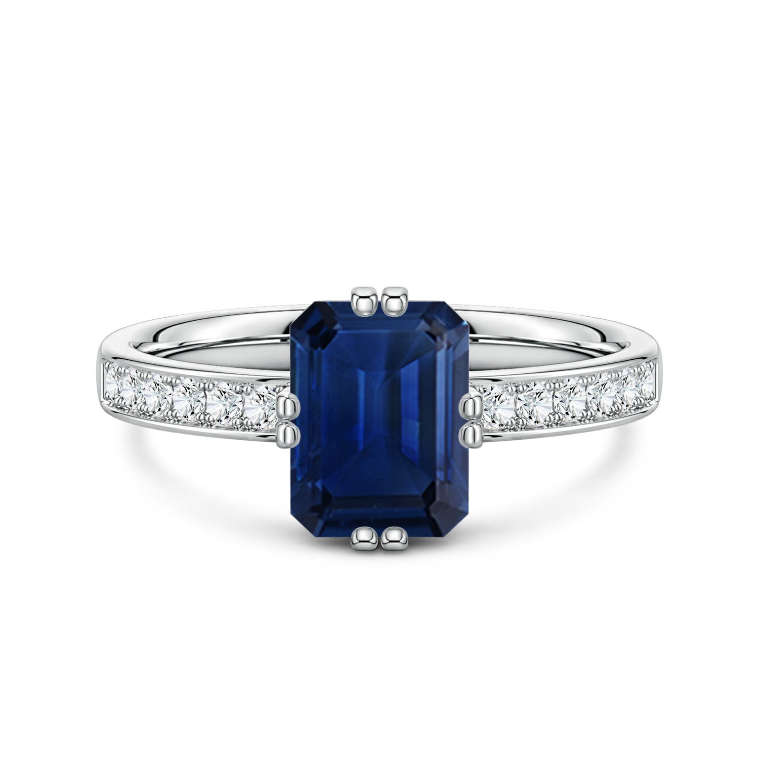 8x6mm AAA Emerald-Cut Blue Sapphire Engagement Ring with Double Flat Prongs in White Gold