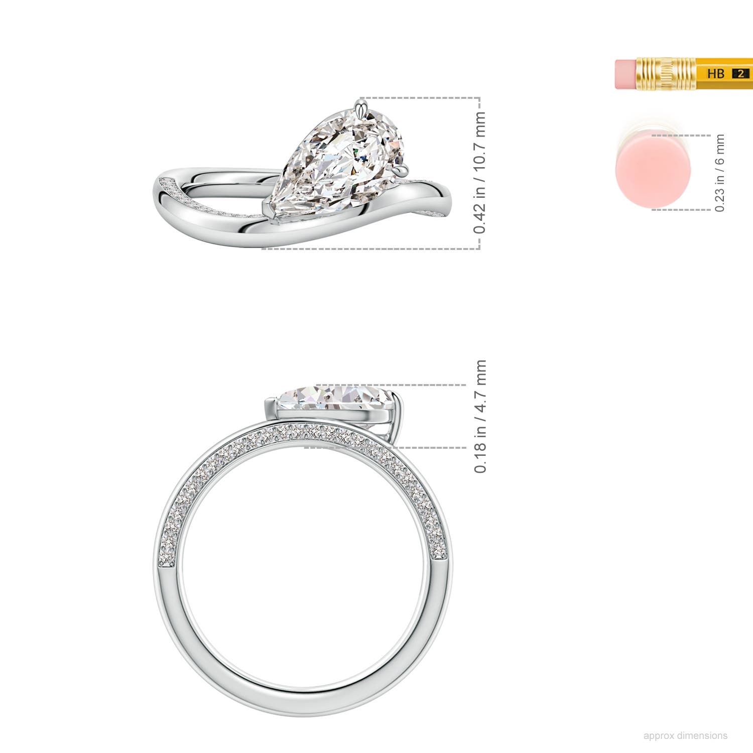 10x6.5mm IJI1I2 Angled Pear Diamond Curved Solitaire Engagement Ring in White Gold - ruler