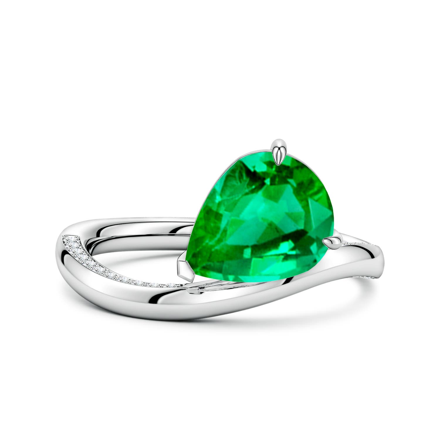 10x8mm AAA Angled Pear Emerald Curved Solitaire Engagement Ring in White Gold