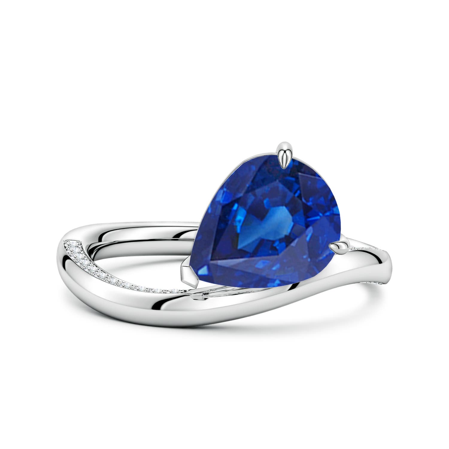 10x8mm AAA Angled Pear Blue Sapphire Curved Solitaire Engagement Ring in White Gold