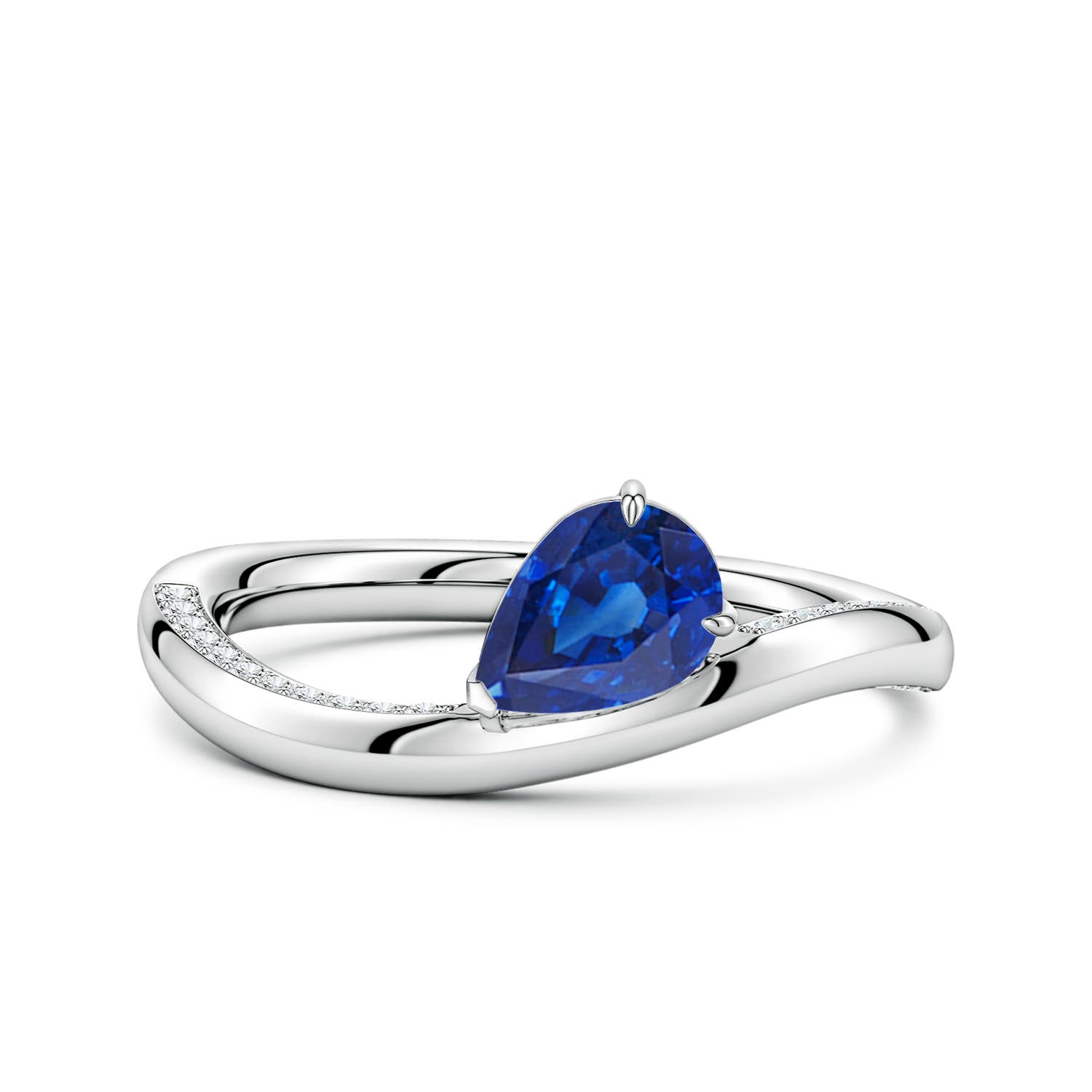 7x5mm AAA Angled Pear Blue Sapphire Curved Solitaire Engagement Ring in White Gold
