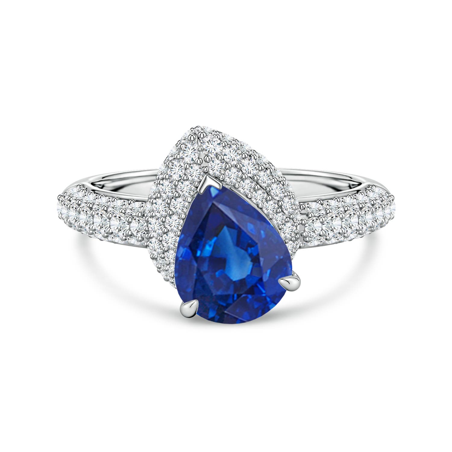 9x7mm AAA Pear Blue Sapphire Engagement Ring with Offset Halo in 18K White Gold