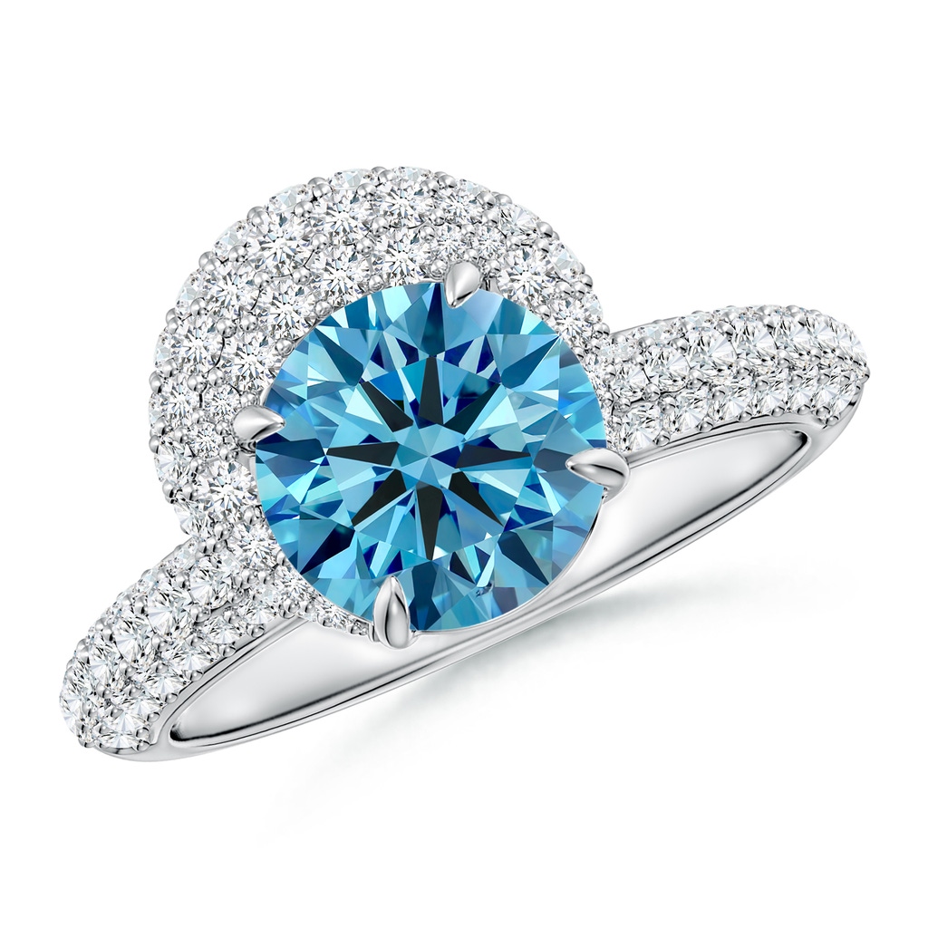 8mm AAAA Round Fancy Intense Blue Diamond Engagement Ring with Offset Halo in White Gold