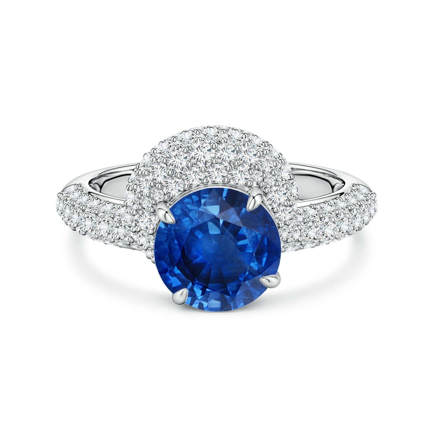 8mm AAA Round Blue Sapphire Engagement Ring with Offset Halo in 18K White Gold
