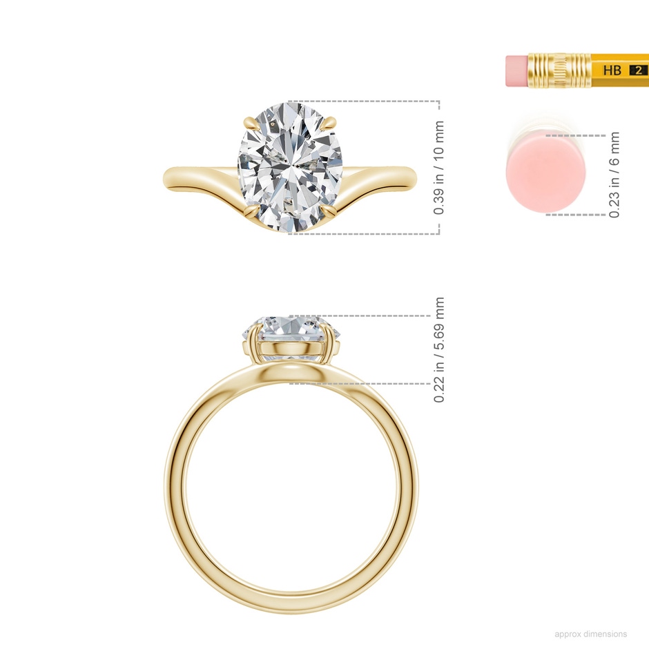 10x8mm HSI2 Solitaire Oval Diamond Curved Shank Engagement Ring in Yellow Gold ruler