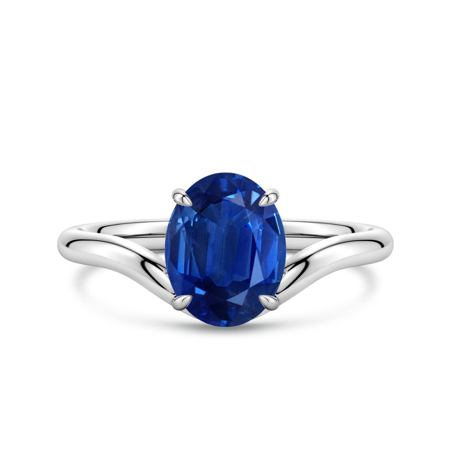 9x7mm AAA Solitaire Oval Blue Sapphire Curved Shank Engagement Ring in White Gold