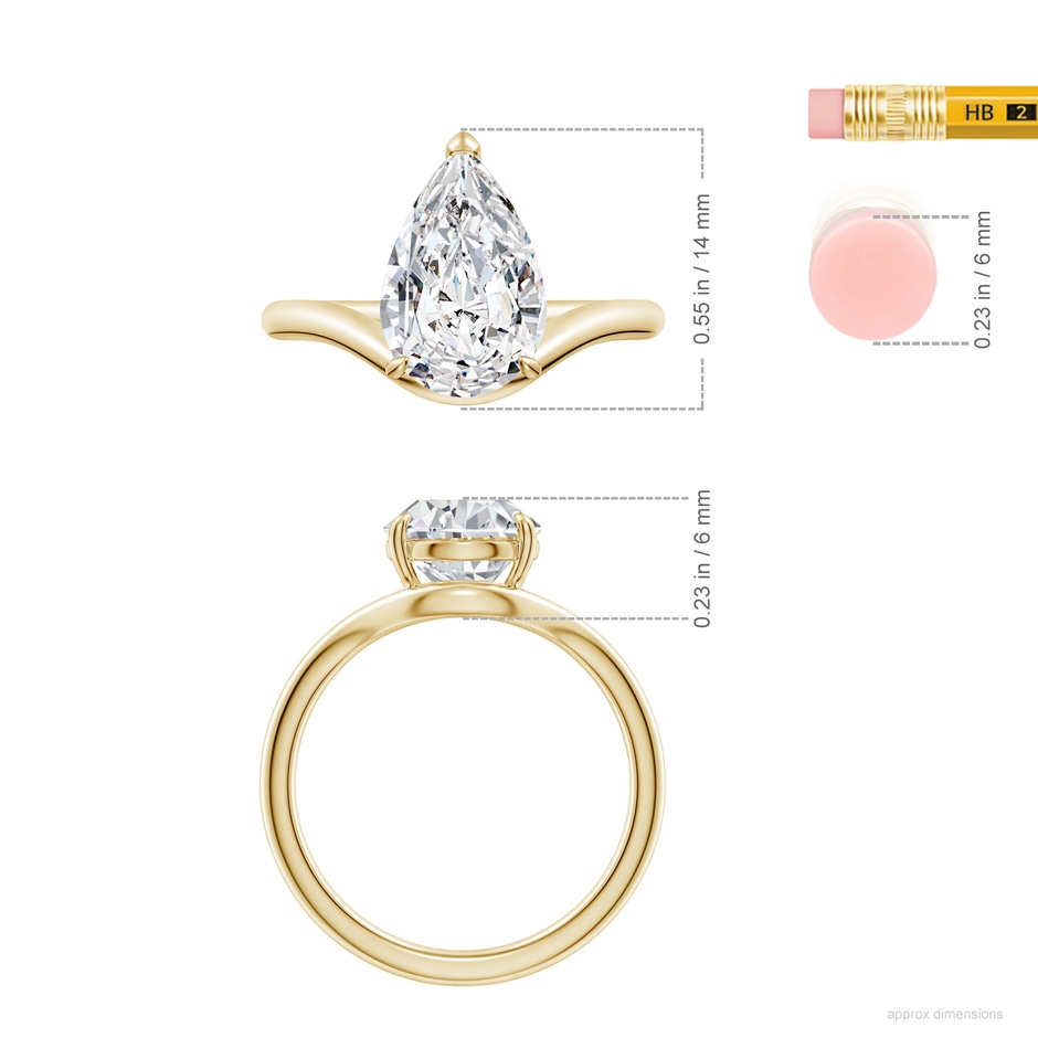 12x8mm HSI2 Solitaire Pear Diamond Curved Shank Engagement Ring in Yellow Gold ruler