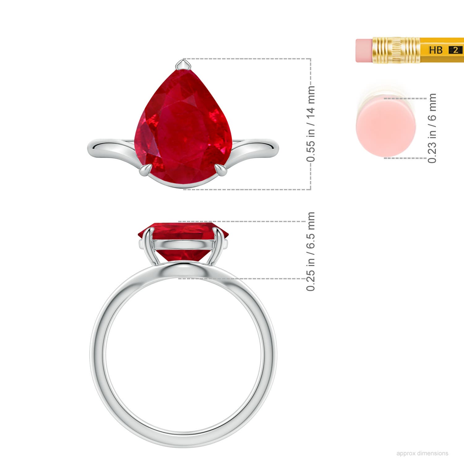12x10mm AAA Solitaire Pear Ruby Curved Shank Engagement Ring in White Gold - ruler