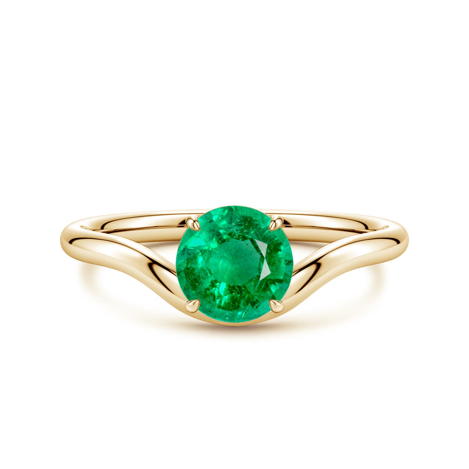 6.5mm AAA Solitaire Round Emerald Curved Shank Engagement Ring in 18K Yellow Gold