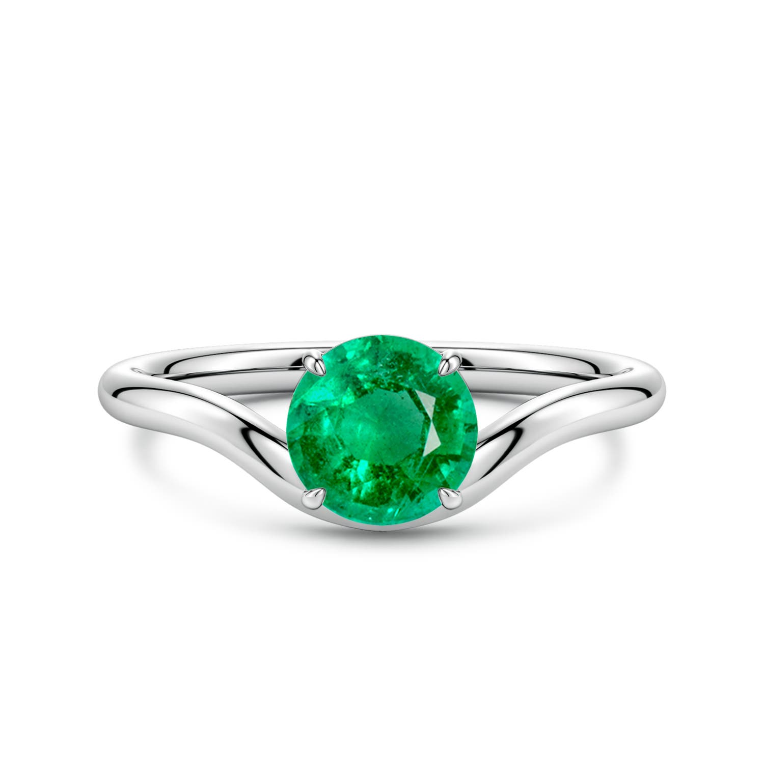 6.5mm AAA Solitaire Round Emerald Curved Shank Engagement Ring in White Gold