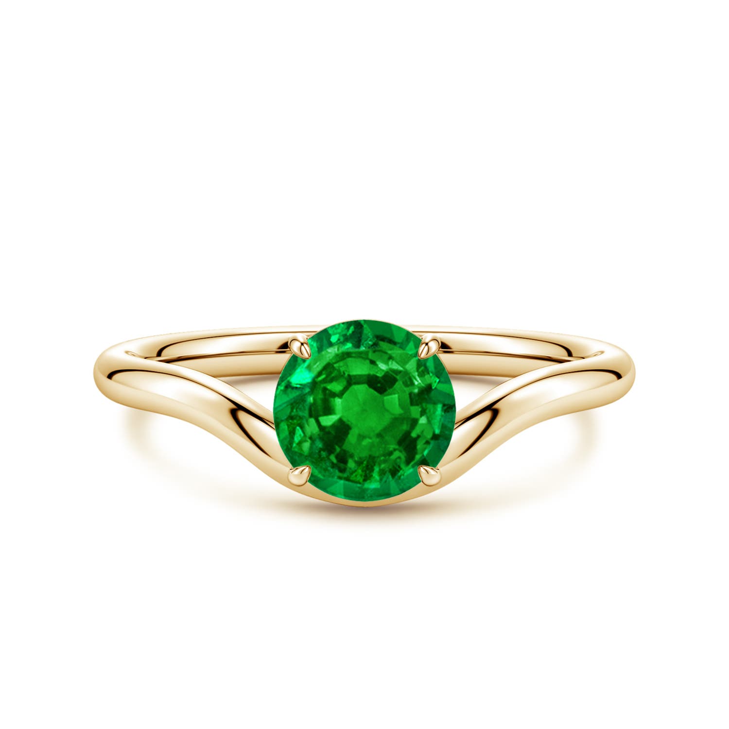 6.5mm AAAA Solitaire Round Emerald Curved Shank Engagement Ring in Yellow Gold