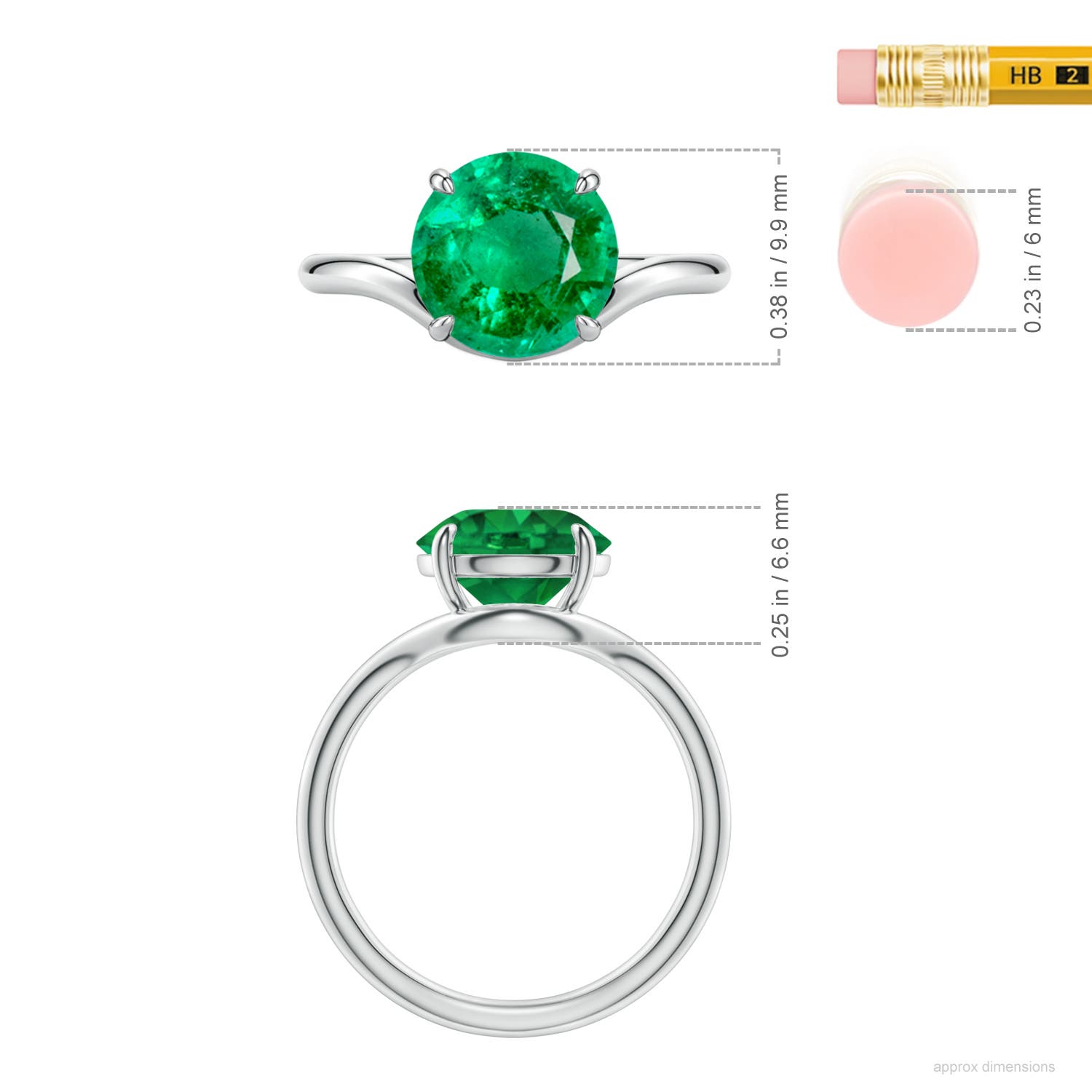 9mm AAA Solitaire Round Emerald Curved Shank Engagement Ring in White Gold - ruler