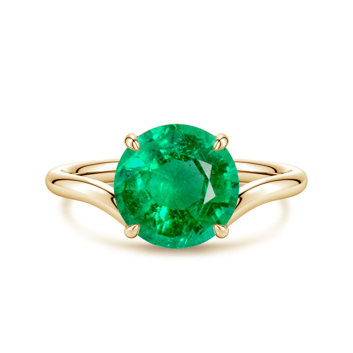 9mm AAA Solitaire Round Emerald Curved Shank Engagement Ring in Yellow Gold