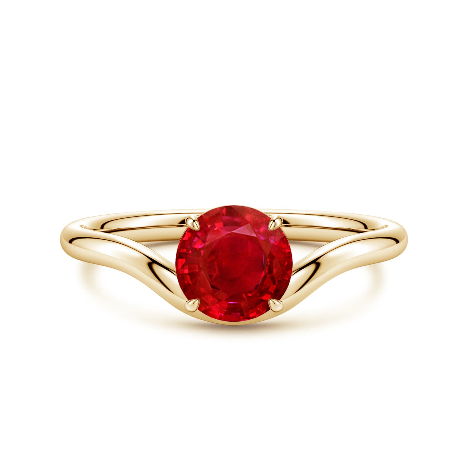 6.5mm AAA Solitaire Round Ruby Curved Shank Engagement Ring in Yellow Gold