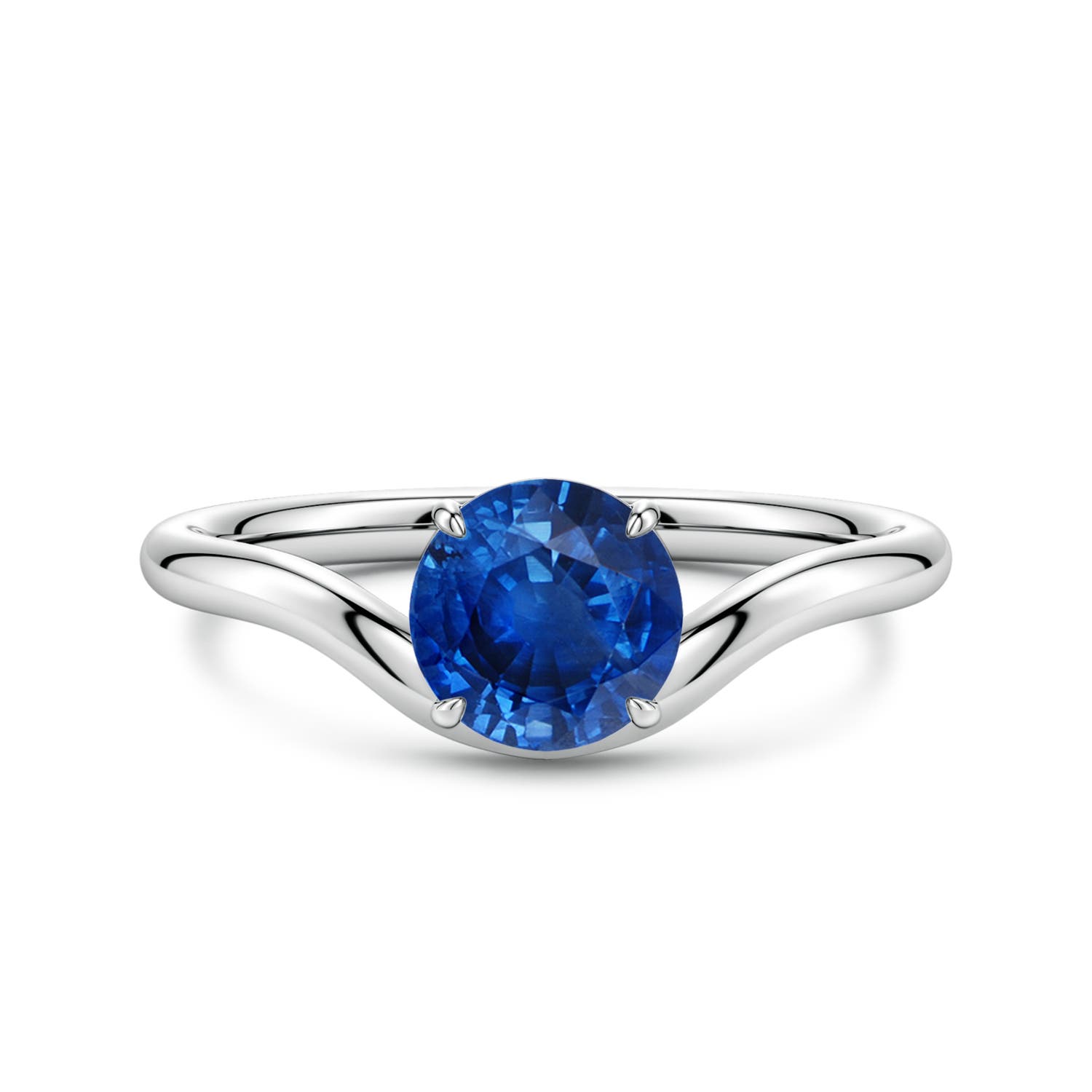 6.5mm AAA Solitaire Round Blue Sapphire Curved Shank Engagement Ring in White Gold