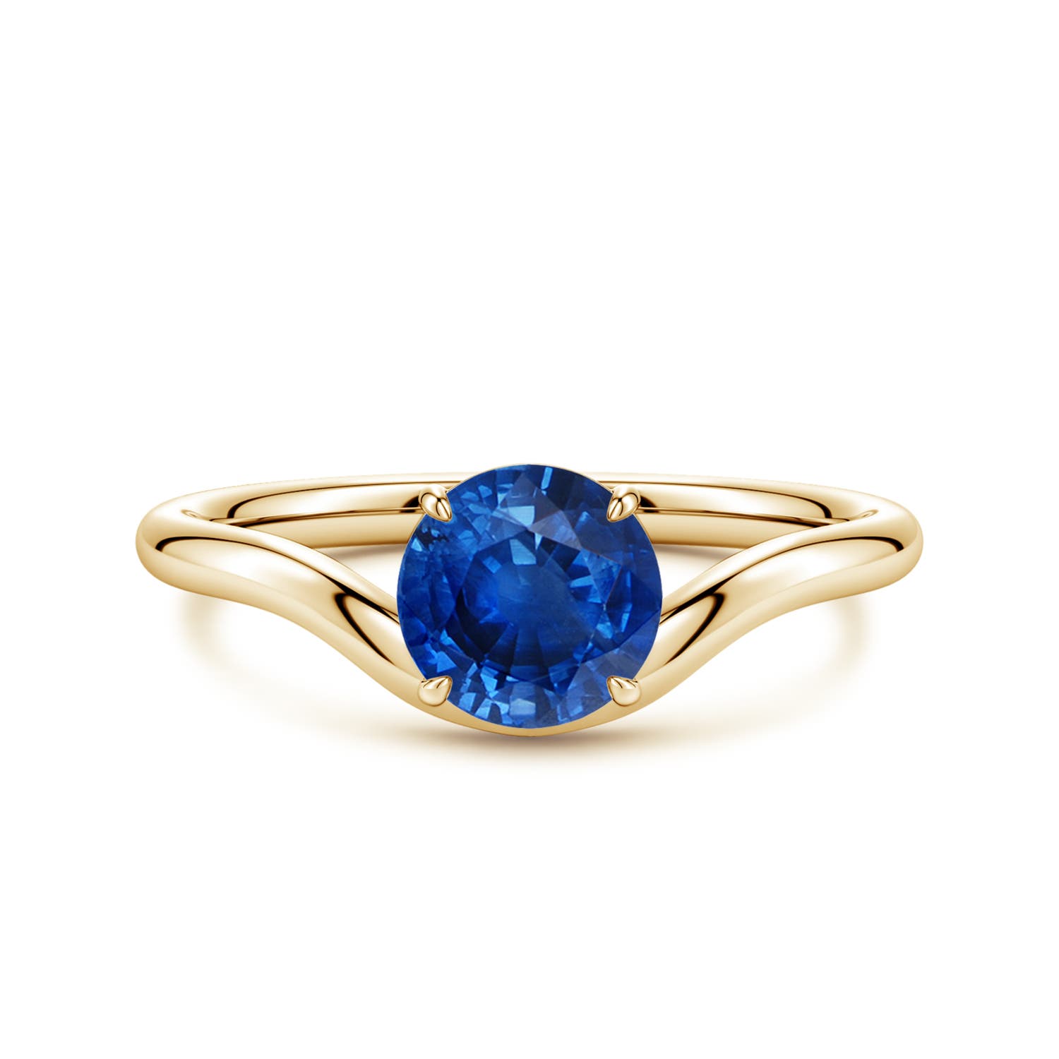 6.5mm AAA Solitaire Round Blue Sapphire Curved Shank Engagement Ring in Yellow Gold