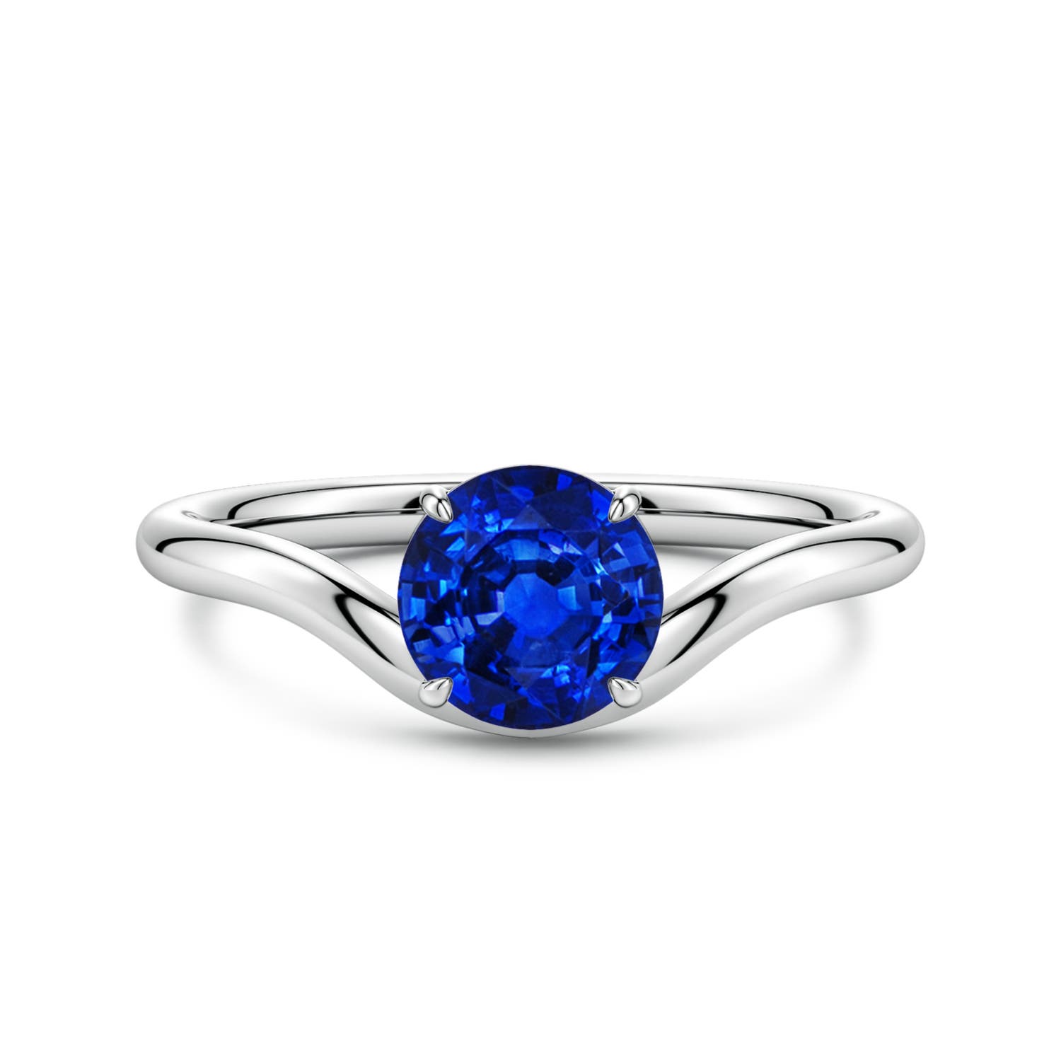 6.5mm AAAA Solitaire Round Blue Sapphire Curved Shank Engagement Ring in White Gold