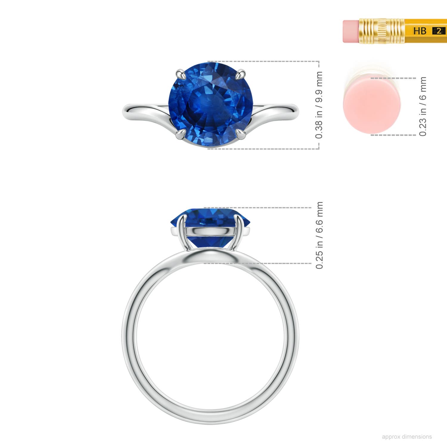 9mm AAA Solitaire Round Blue Sapphire Curved Shank Engagement Ring in White Gold - ruler