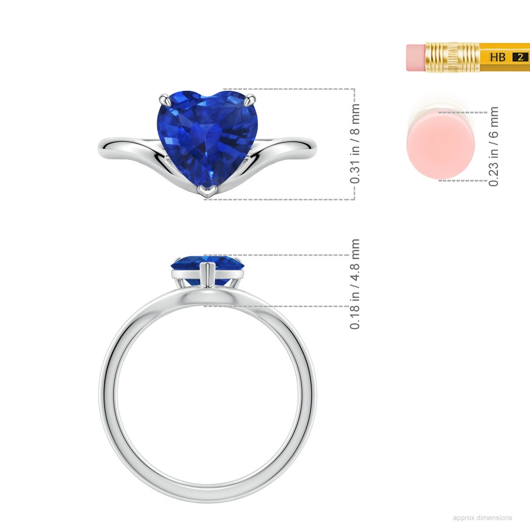 7mm AAA Solitaire Heart-Shaped Blue Sapphire Curved Shank Engagement Ring in White Gold - ruler