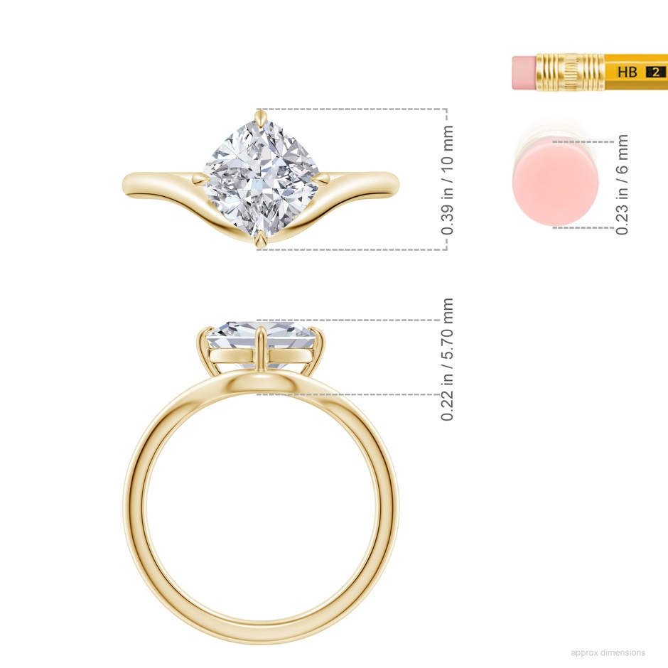 7.5mm HSI2 Solitaire Cushion Diamond Curved Shank Engagement Ring in Yellow Gold ruler